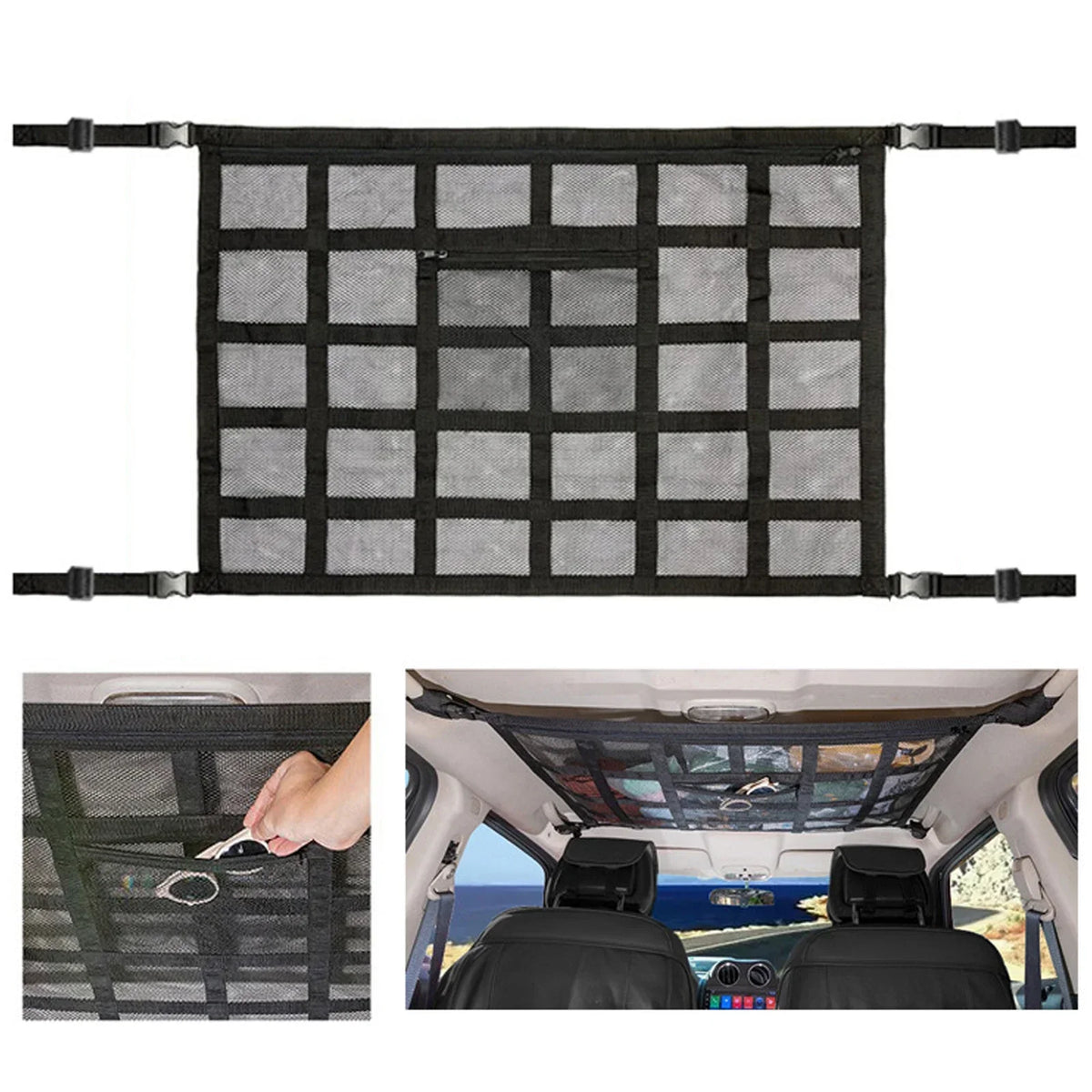 A black heavy-duty cargo net is shown installed in the trunk of a vehicle, securing items for transport.