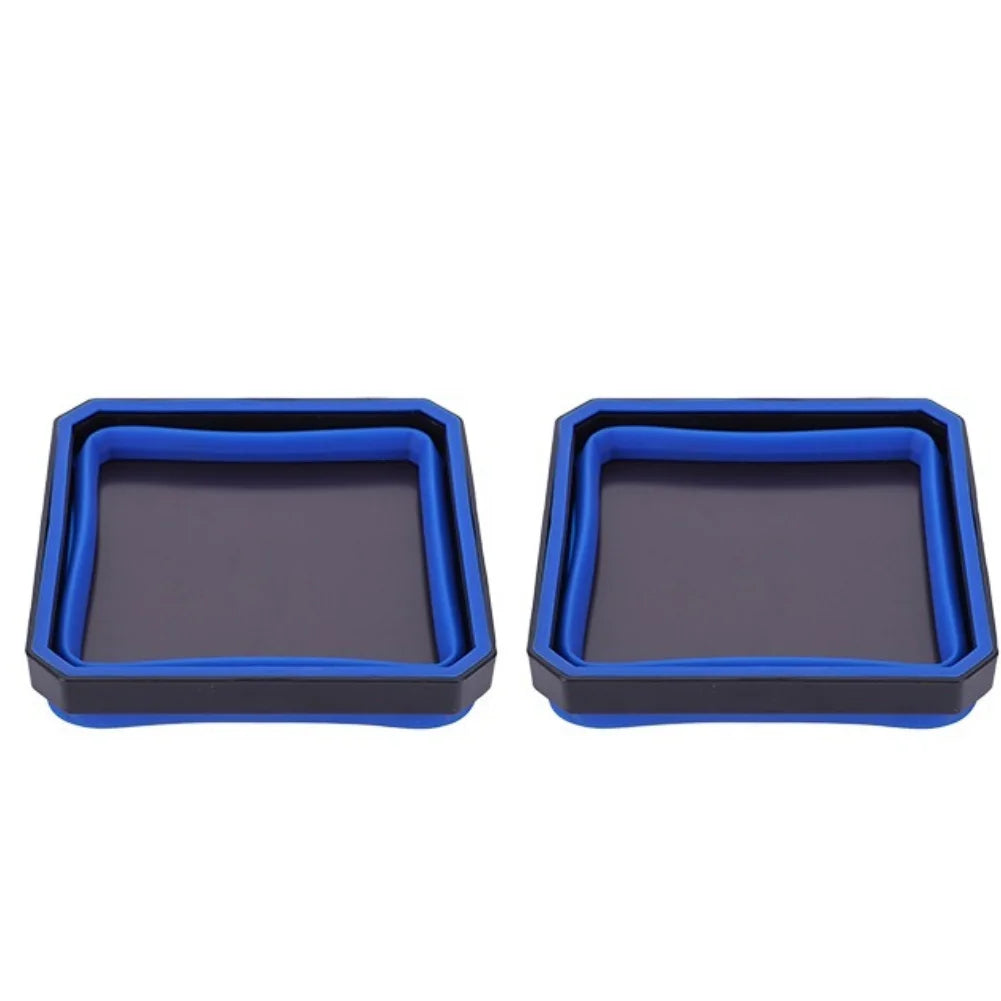 A pair of blue collapsible magnetic parts trays or organizers.