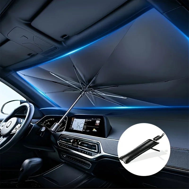 A foldable car windshield sunshade with blue LED lighting is shown inside a car cabin.