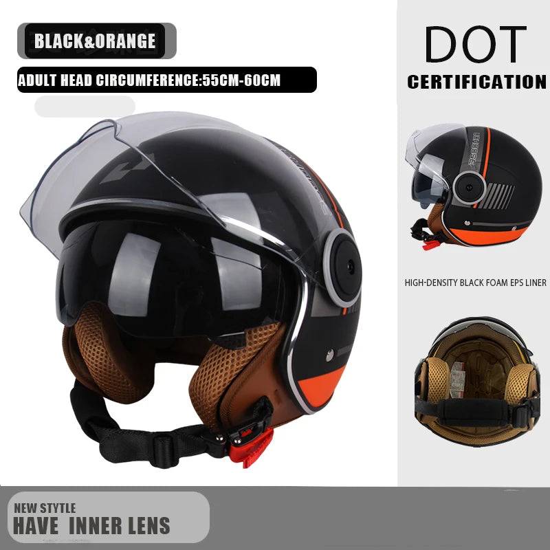 Schwarz-orange DOT-zertierter Offenhelm mit braunem Innenfutter in verschiedenen Ansichten.