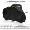 Black 210D bike cover series showing dimensions and features for various bicycle sizes.