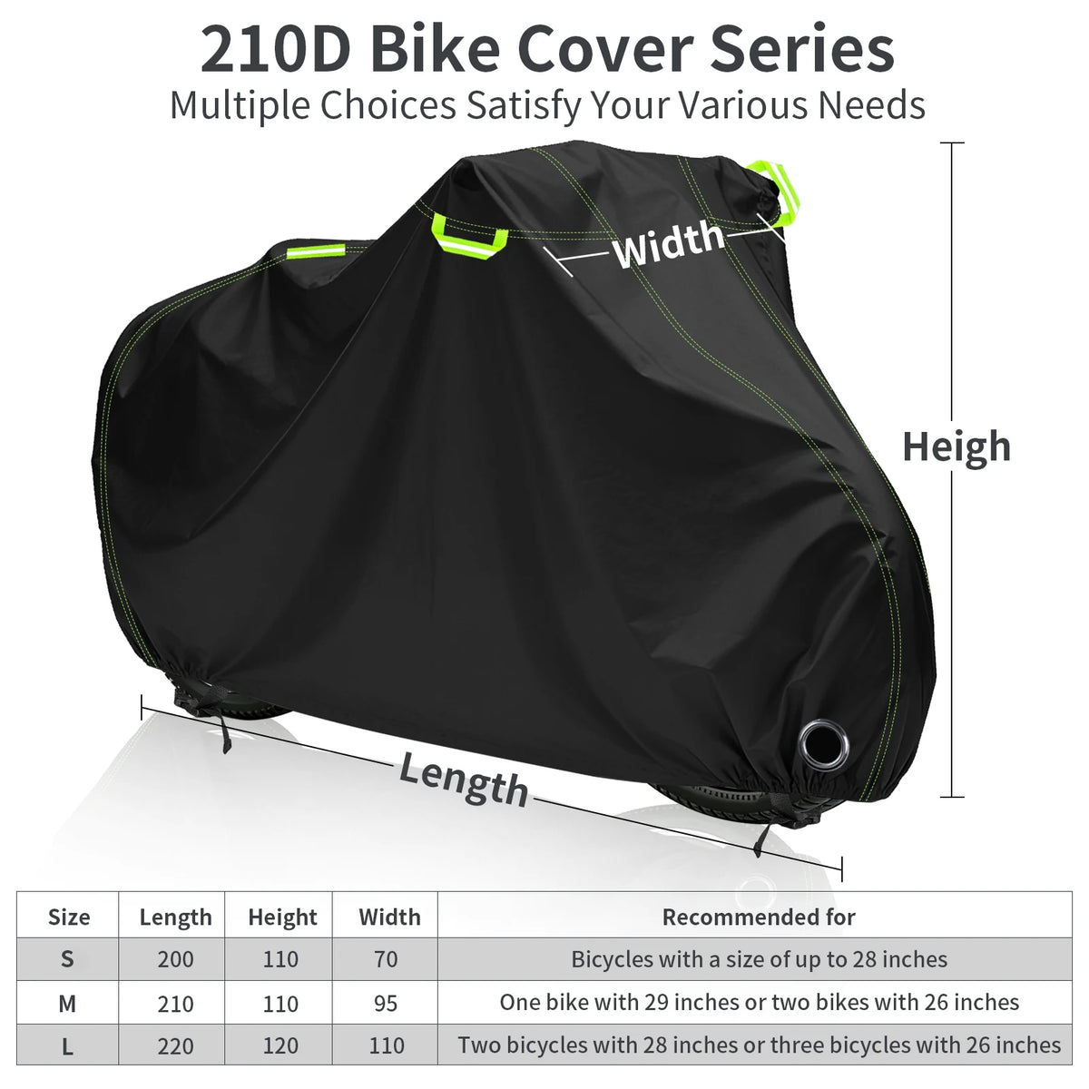 Black 210D bike cover series showing dimensions and features for various bicycle sizes.