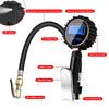 A digital tire pressure gauge featuring an LCD display, LED lighting, and a deflating button.
