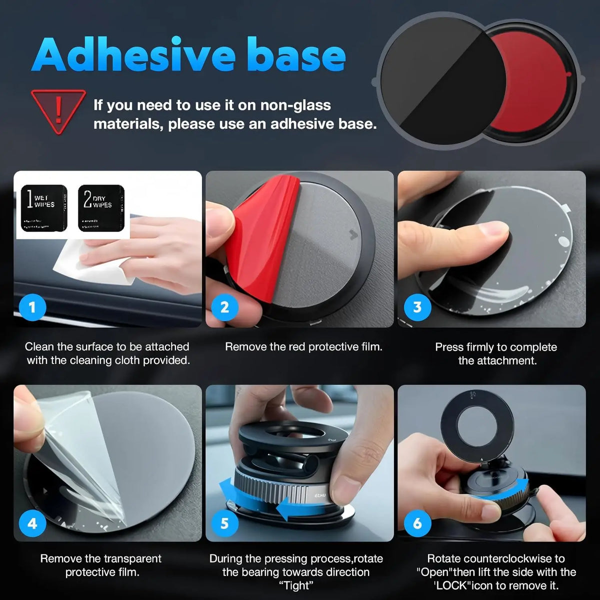Instructions for using an adhesive base to attach a red protective film to a phone or material.