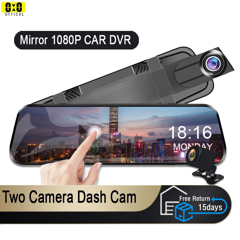Caméra de surveillance voiture 1080P avec écran tactile, montée sur le pare-brise.