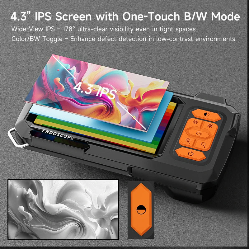 A black industrial endoscope probe with a 4.3 IPS screen displaying a colorful image and various color modes.