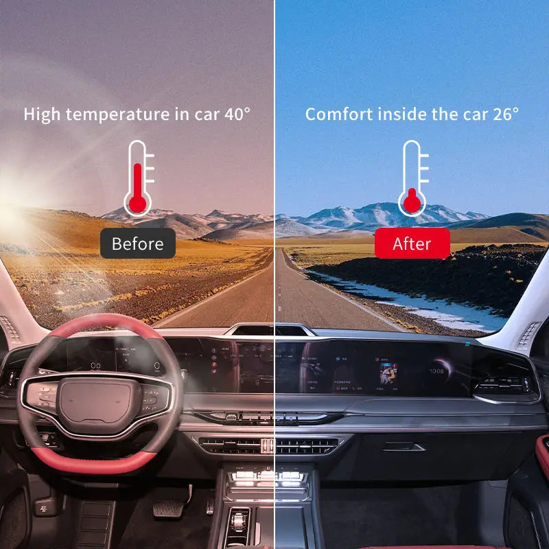 Before and after comparison of heavy-duty car window tint film showing temperature reduction inside a car.