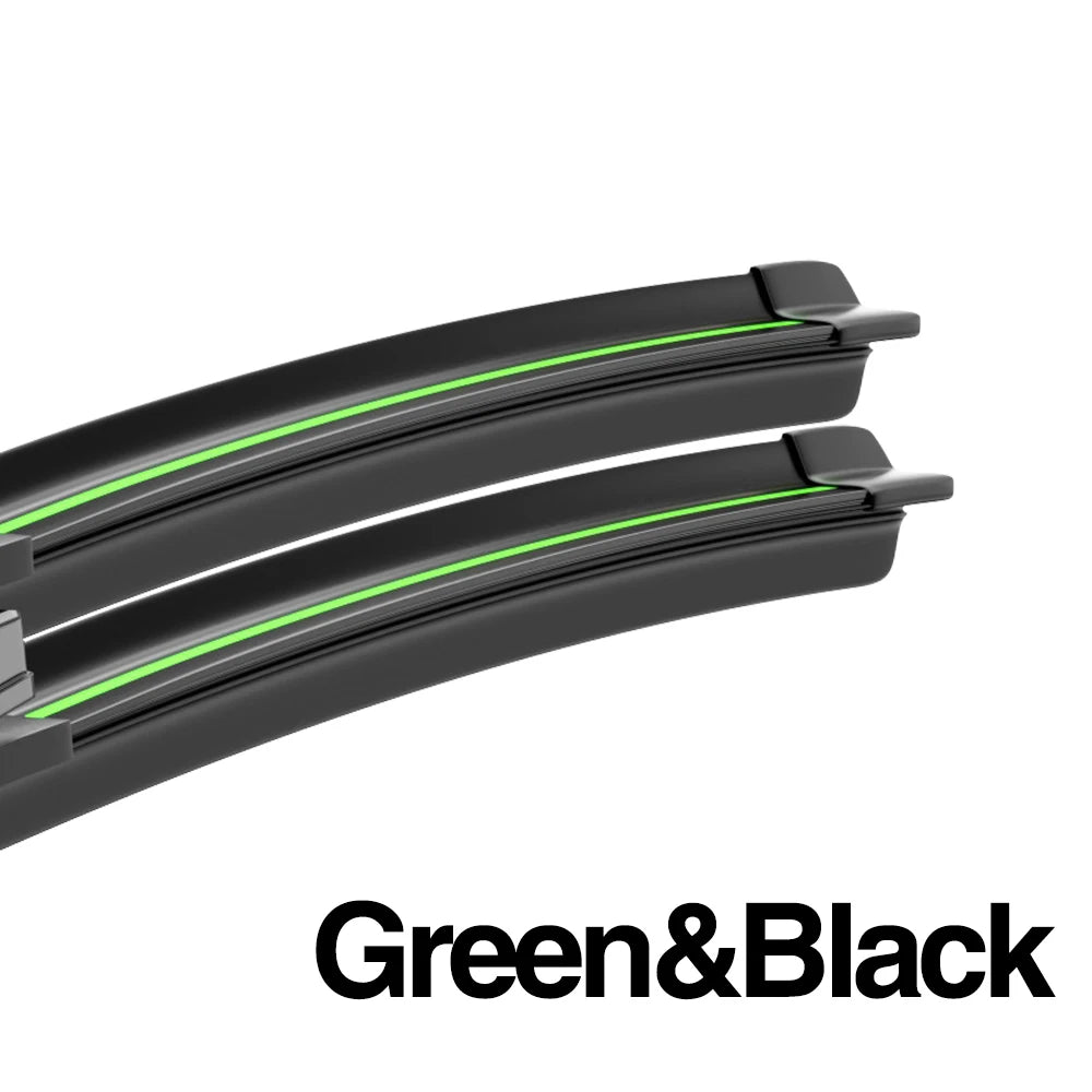 A close-up view of black windshield wiper blades with green accents.