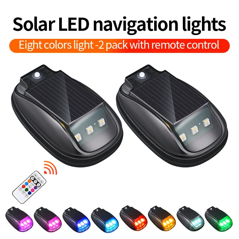 Eight-color solar LED navigation lights sold in a two-pack with a remote control and various colored lights.
