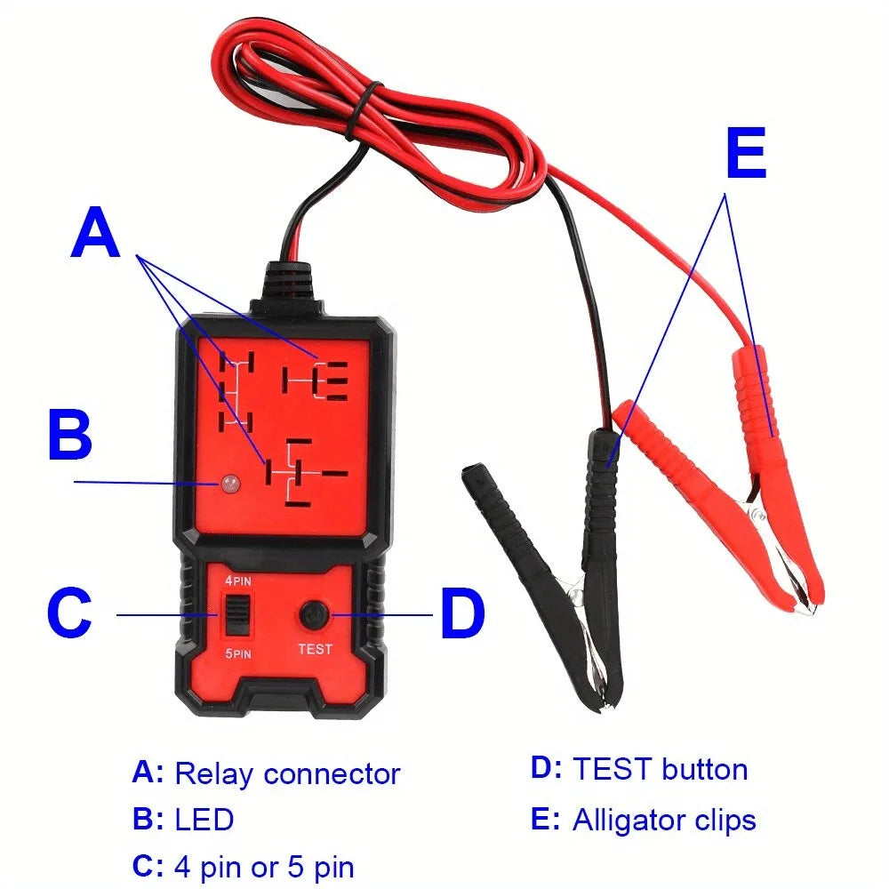 Relaisprüfgerät mit Steckern, LED, Pin-Optionen und Alligatorclips zum Testen von Automobilrelais.