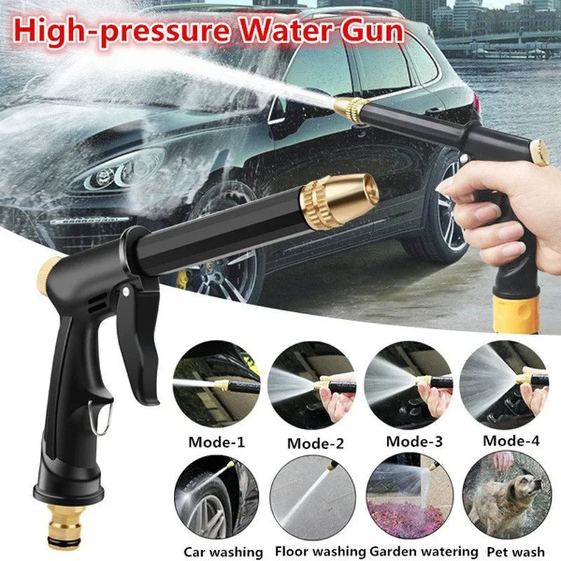 A black high-pressure water gun is shown spraying water on a car, demonstrating four cleaning modes.