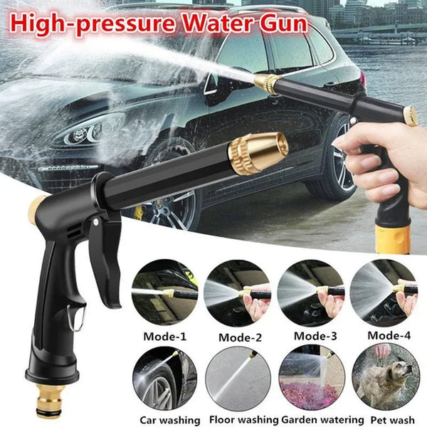 A black high-pressure water gun is shown spraying water on a car, demonstrating four cleaning modes.