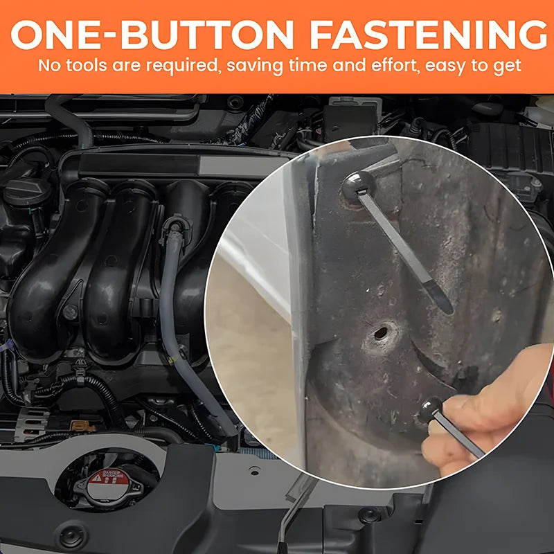 Close-up of a hand using a one-button fastening tool to secure a component on an engine part.