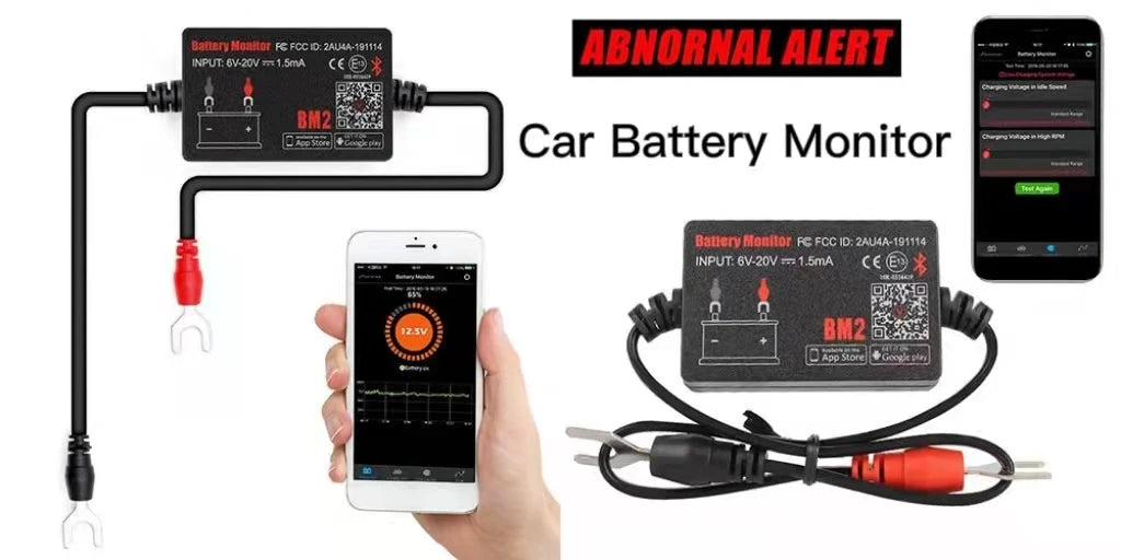 A car battery monitor device and cable connected to a smartphone, showing an abnormal alert.