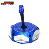 CNC machined blue fuel tank cap for Suzuki motorcycles with a black threaded insert