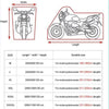 A chart showing various sizes of motorbike or scooter UV protection covers with corresponding length, width, and height dimen