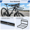 A black iron front rack designed for bicycles, shown alongside a close-up of the thick pipe material.