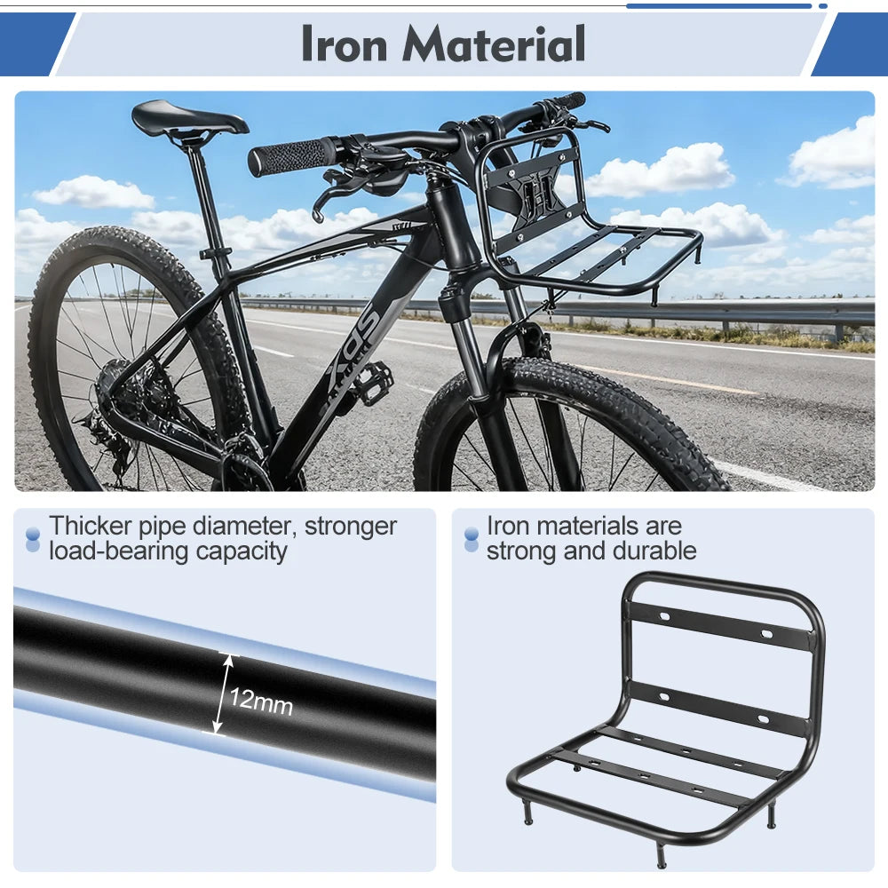 A black iron front rack designed for bicycles, shown alongside a close-up of the thick pipe material.