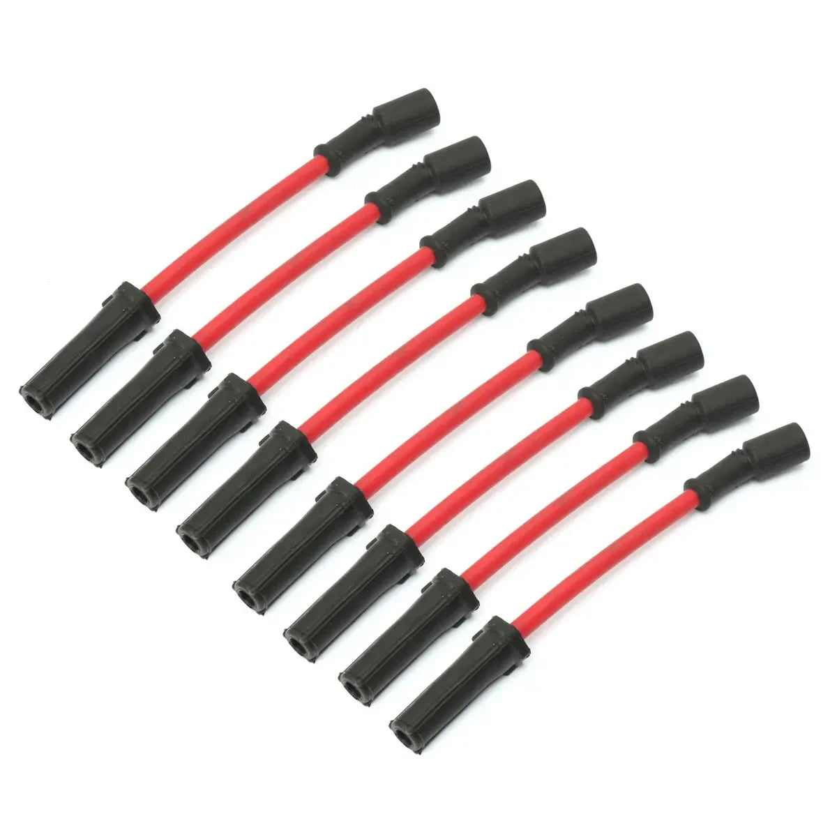 A set of ten 10mm performance spark plug wires with red and black connectors.