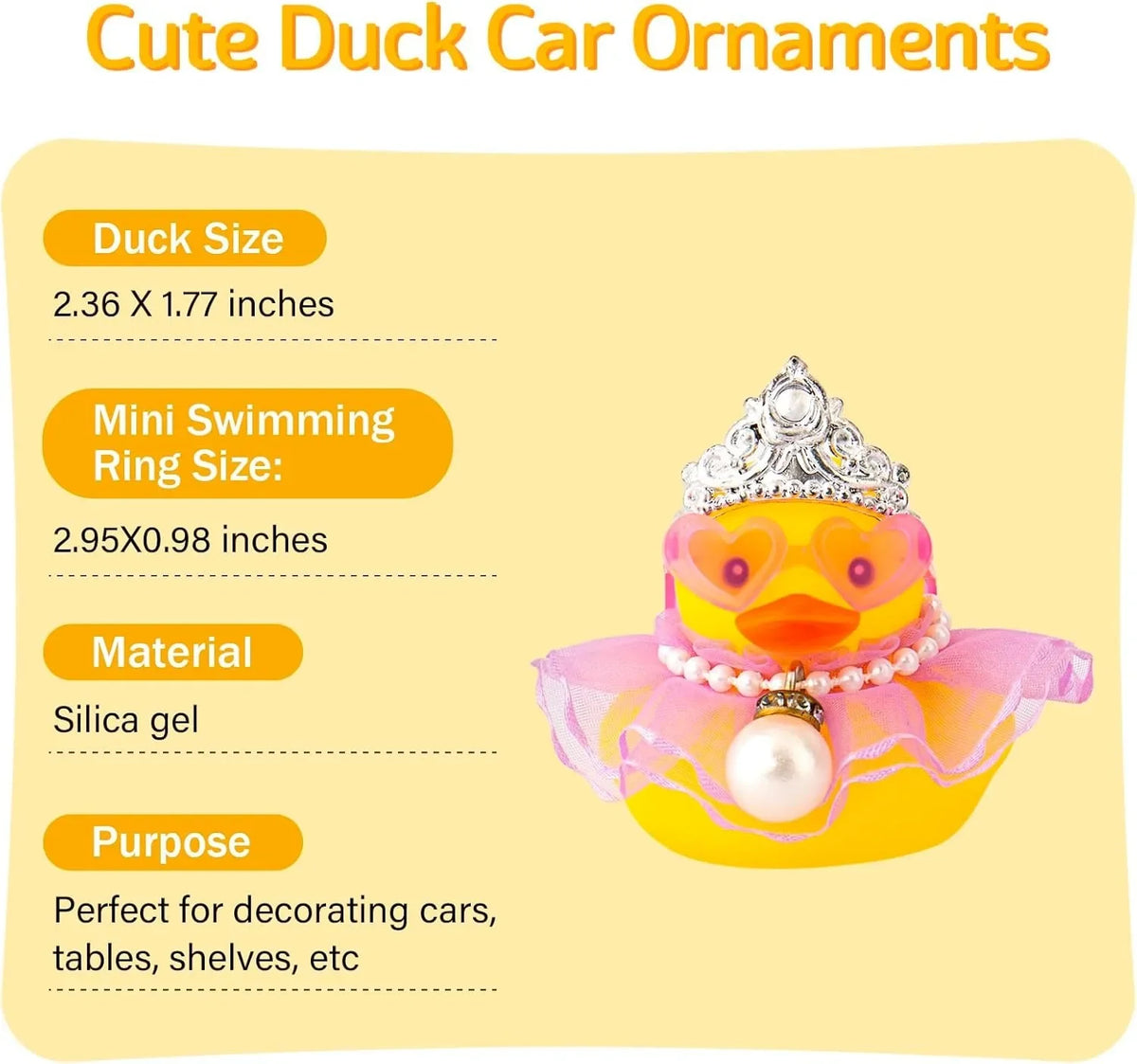 A decorative rubber duck ornament featuring a crown and pearl necklace, used for decorating cars and other items.