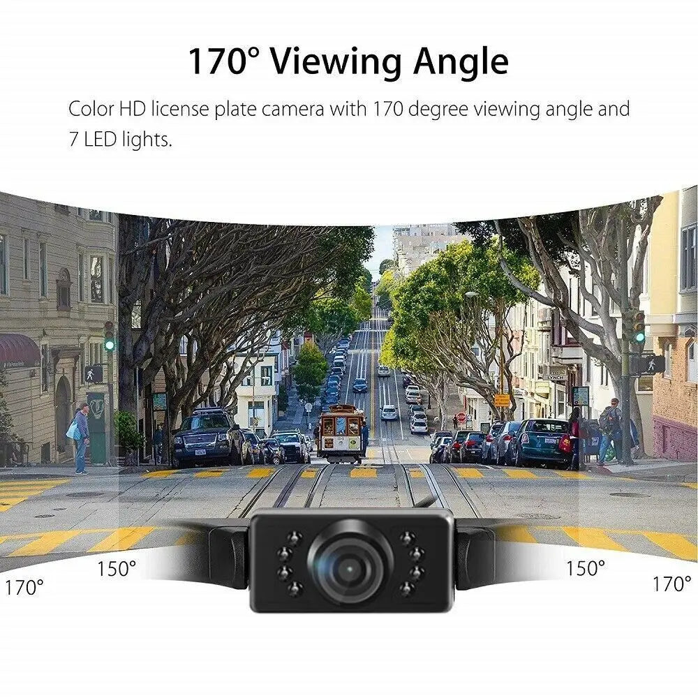 A 170 degree viewing angle license plate camera with 7 LED lights mounted on a vehicle.