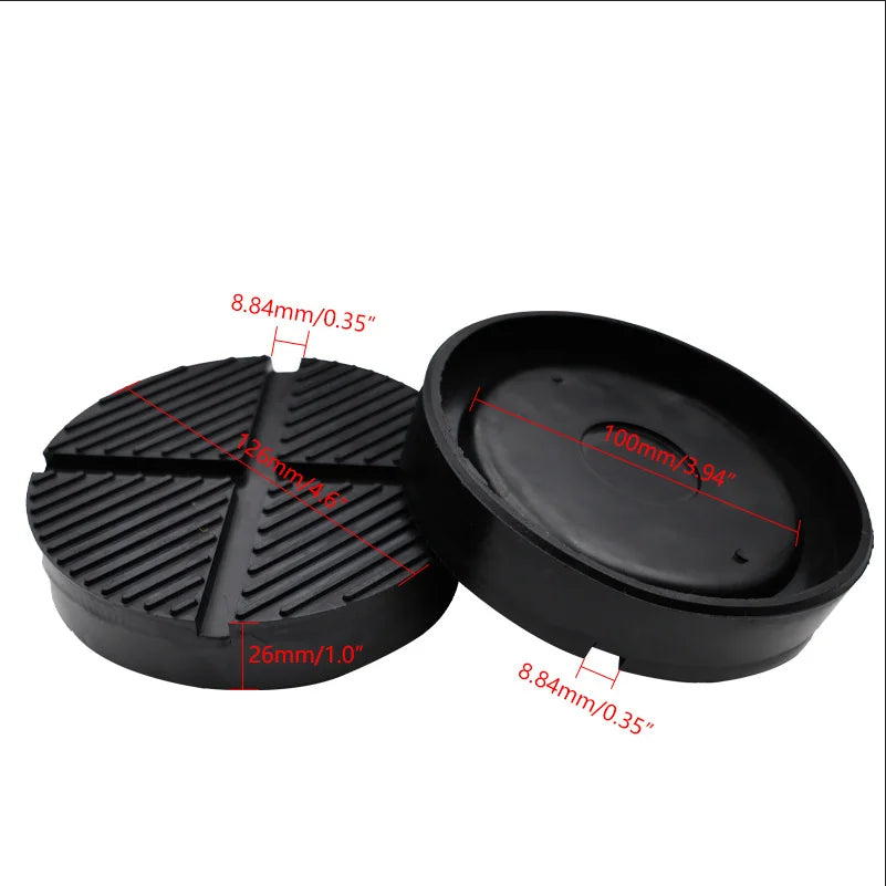 Black rubber jack pad with a lid, showing dimensions for frame rail protection.