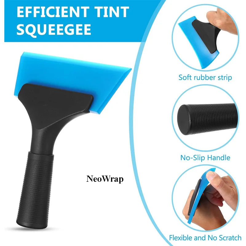 A blue tint squeegee tool with a black handle and soft rubber strip for efficient tinting.