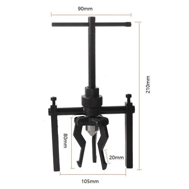 A black three-claw bearing puller tool with a 90mm shaft and 105mm total length.