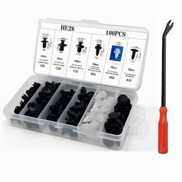 Boîte en plastique transparent contenant divers types de clips et épingles de fixation pour réparations automobiles et domest