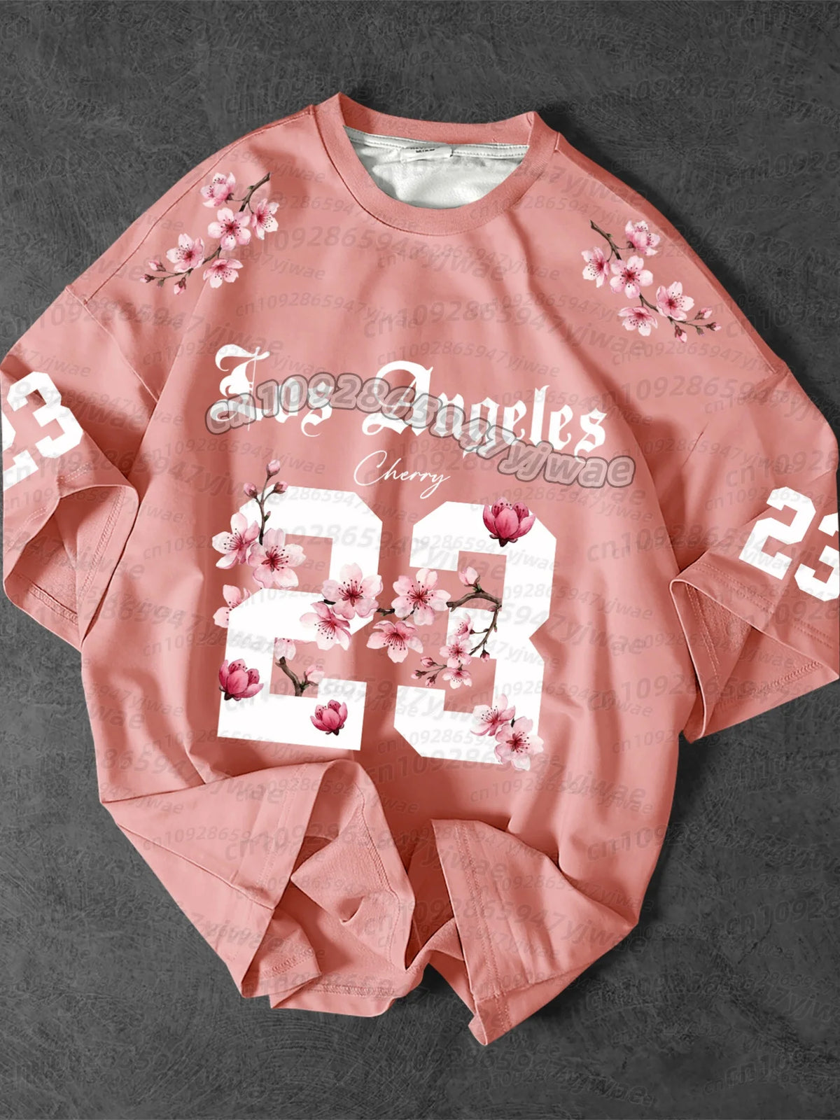 Camiseta de fútbol rosa claro para hombre con estampado floral, número 23 y flores de cerezo.