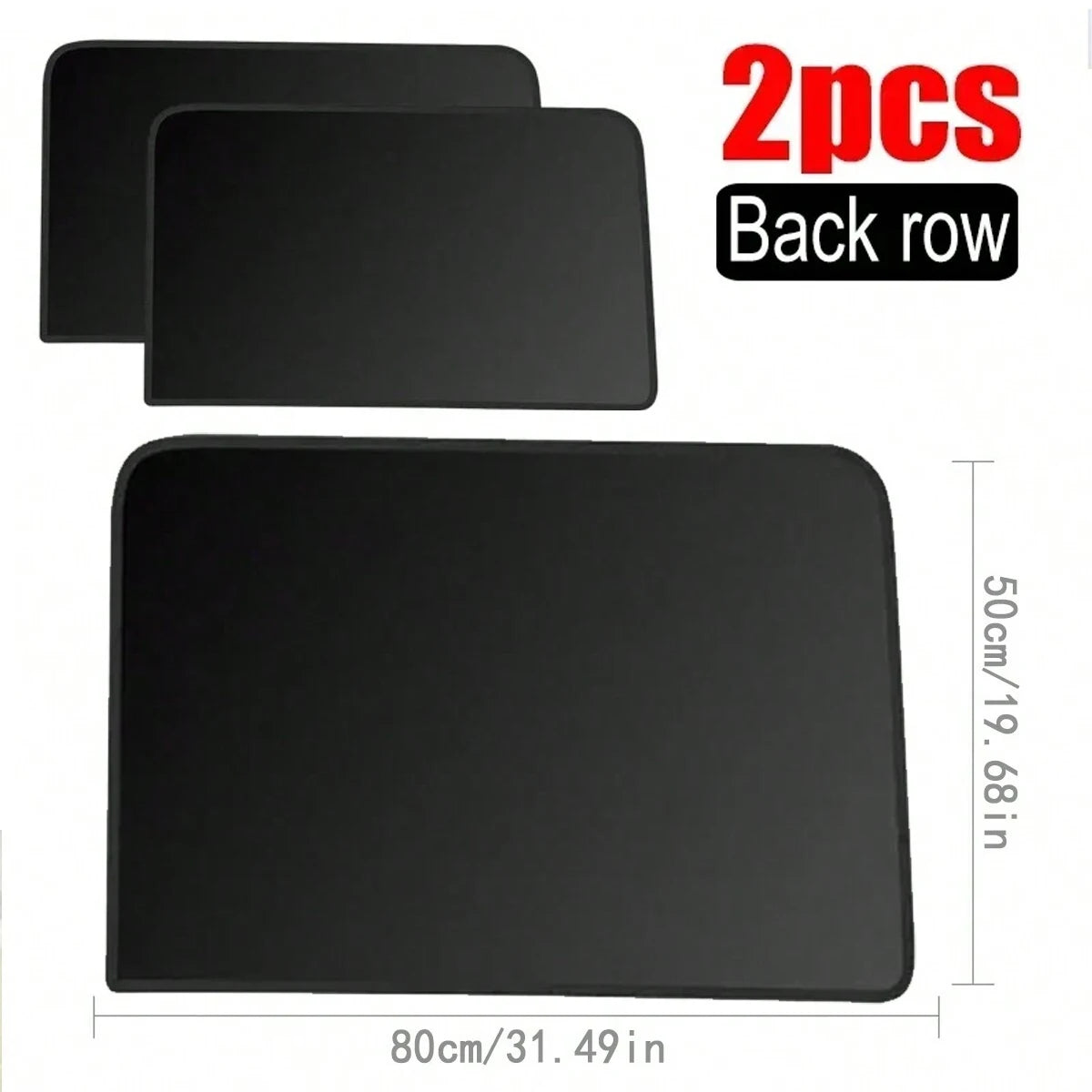 Two black magnetic car window sunshades shown in a back row with dimensions 80cm x 50cm.