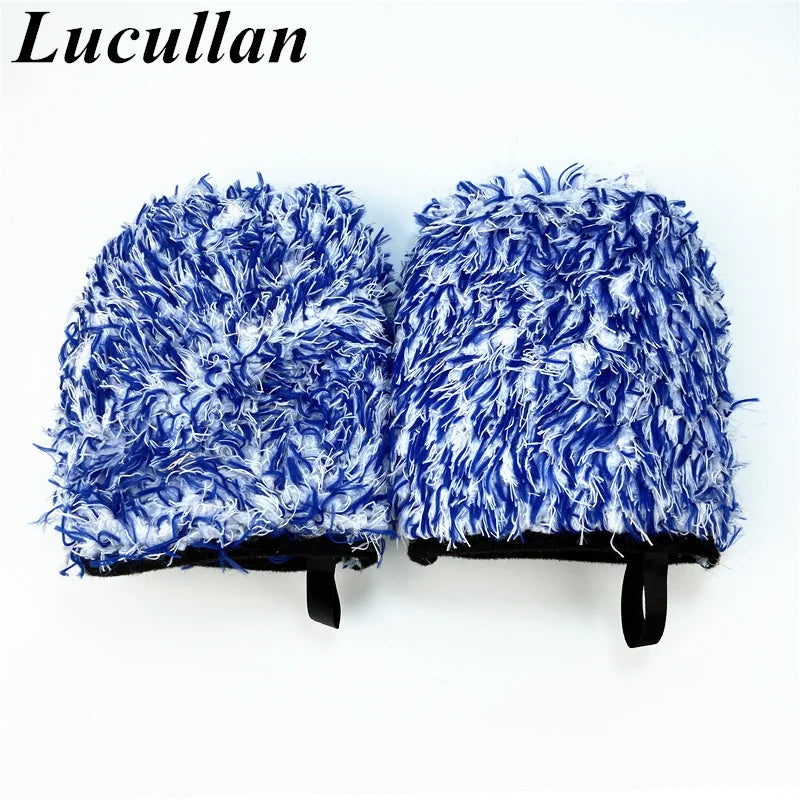 A pair of blue and white microfiber detailing wash mitts with fluffy texture.