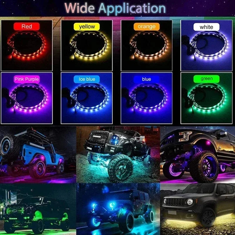 A collection of dynamic RGB underglow LED strip lights displayed in various colors on a vehicle.