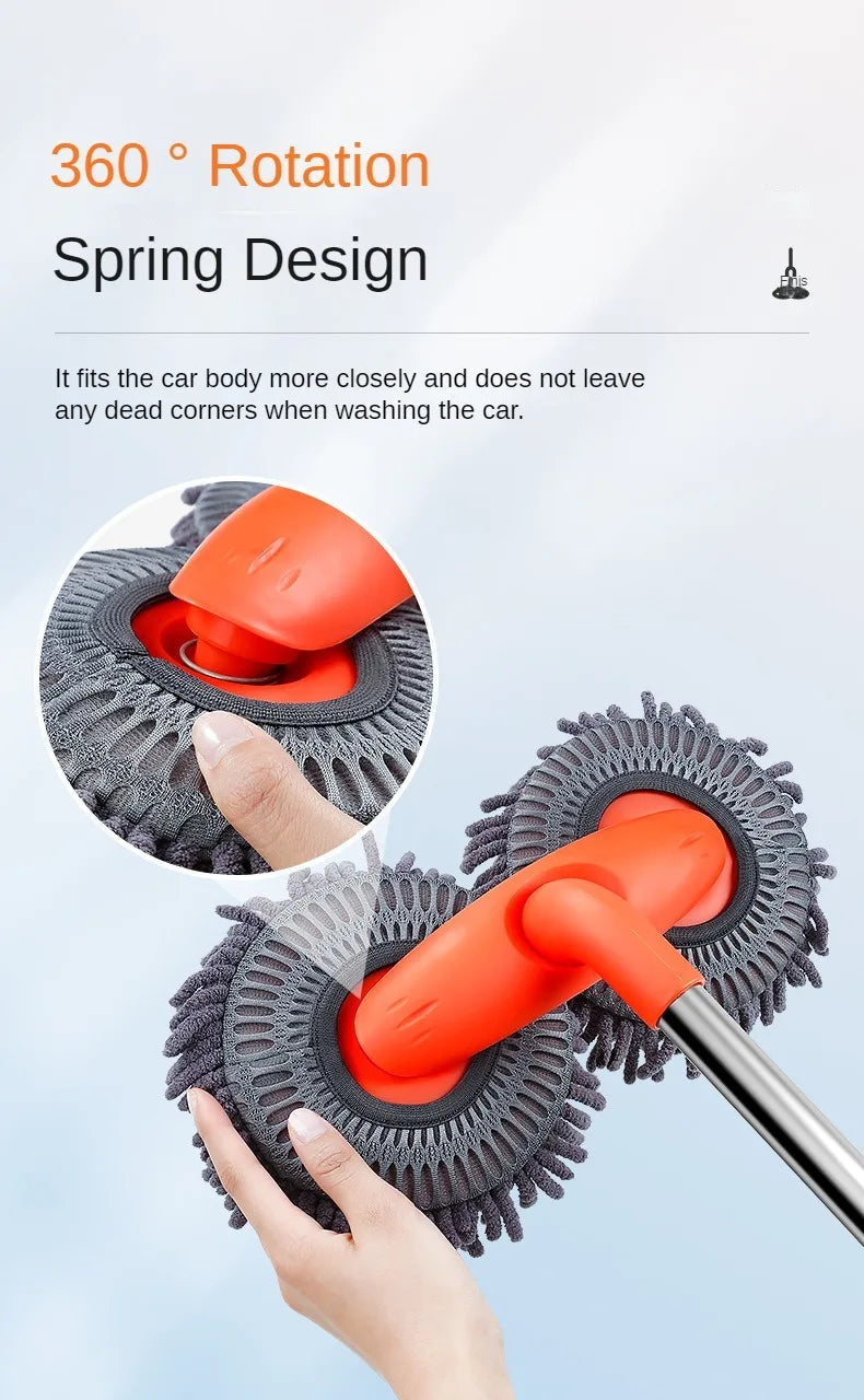 An orange telescopic car washing mop set with a double brush is shown being used on a car body.