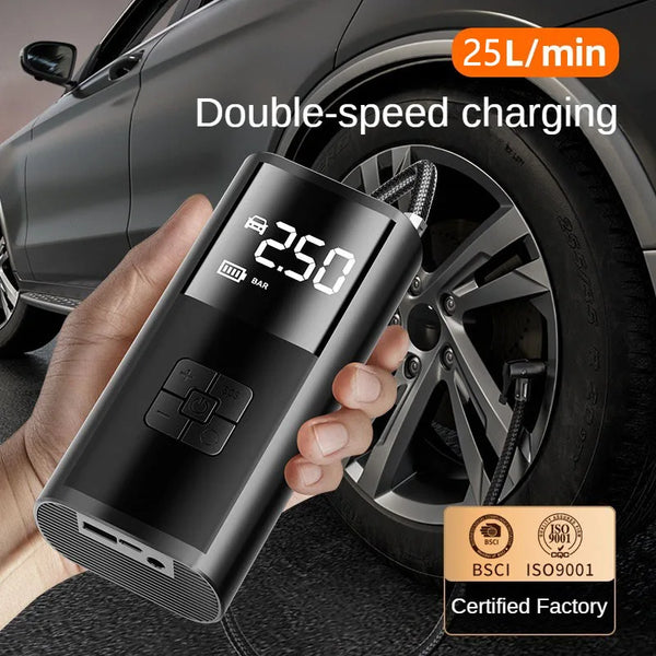A hand holds a black portable tire inflator air compressor next to a car wheel, demonstrating double-speed charging.