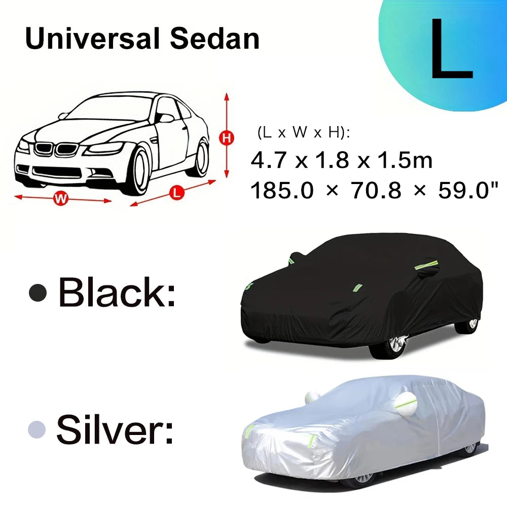 A black and silver all-weather waterproof car cover for a universal sedan.
