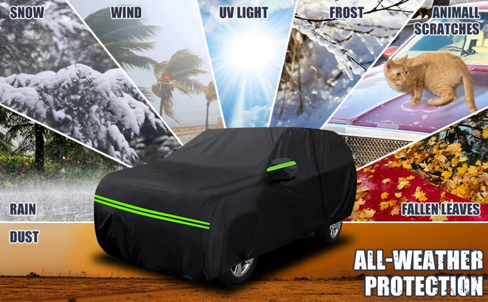 Schwarzer Allwetter-Carcover, gezeigt bei verschiedenen Wetterbedingungen wie Schnee, Wind, UV-Licht, Frost und Tierkratzern