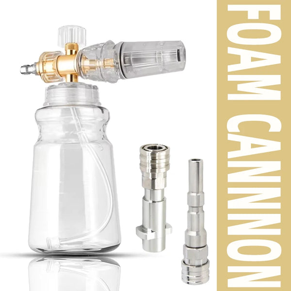 A clear glass bottle and a foam cannon assembly for high-pressure vehicle cleaning.