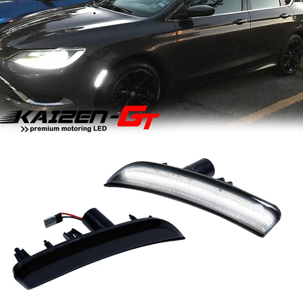 Smoked LED side marker lights for a Chrysler 200 vehicle.