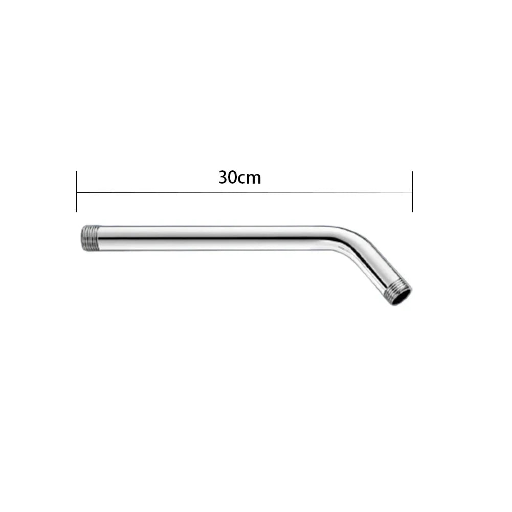 A silver stainless steel shower arm extension with a curved end, measuring 30cm.