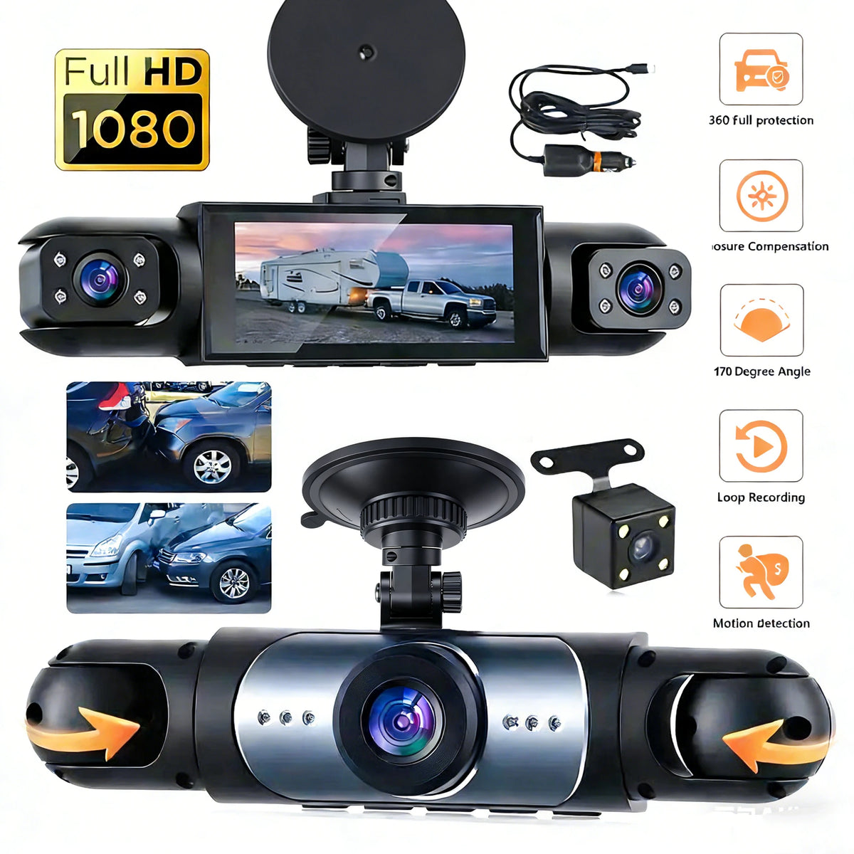 Caméra de voiture noire HD avec objectif et support, montrant des fonctions comme la protection 360 et l'enregistrement en bo