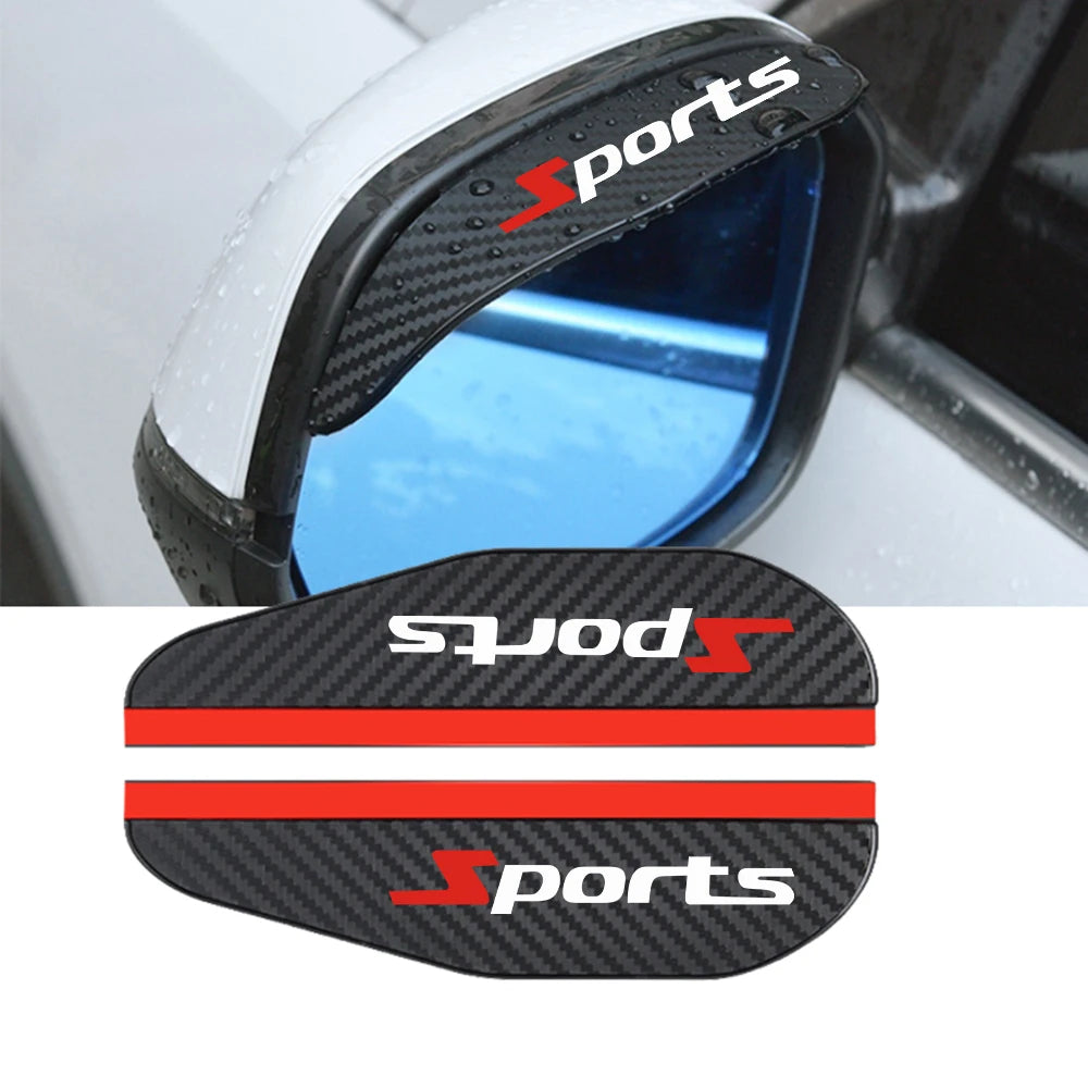 A black sports rain protection accessory for a car rearview mirror, featuring red and black accents.