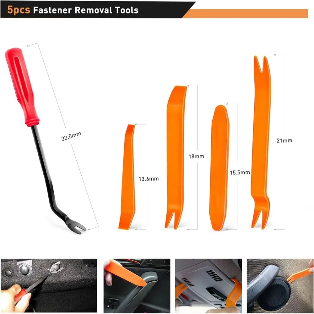 A set of 5 orange fastener removal tools, including pliers and specialized tips, for body repair.