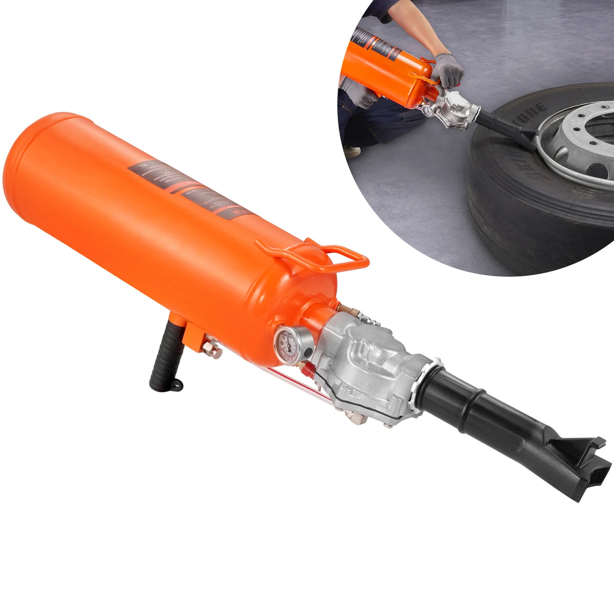 Orange professional handheld tire bead seater inflator tool used to seat the bead on a tire.