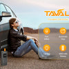 A man is using a portable electronic air pump on a car tire, demonstrating the device's features.