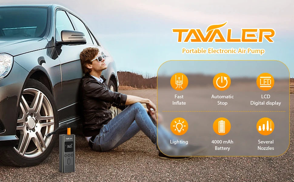 A man is using a portable electronic air pump on a car tire, demonstrating the device's features.