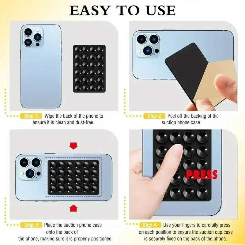 Instructions show how to use a silicone suction phone case by wiping the phone, peeling the backing, and pressing it on
