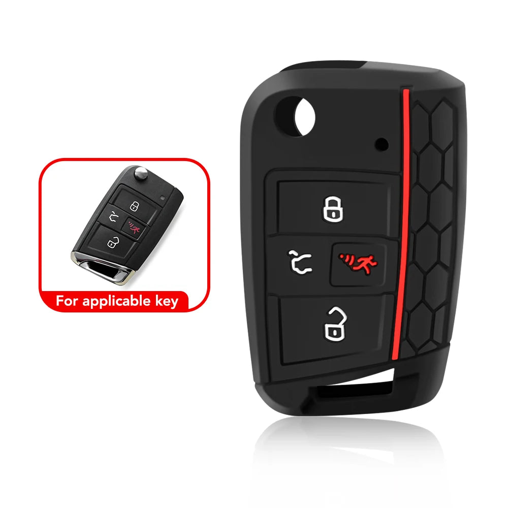 Black silicone car key cover with a red accent, shown next to an applicable key.