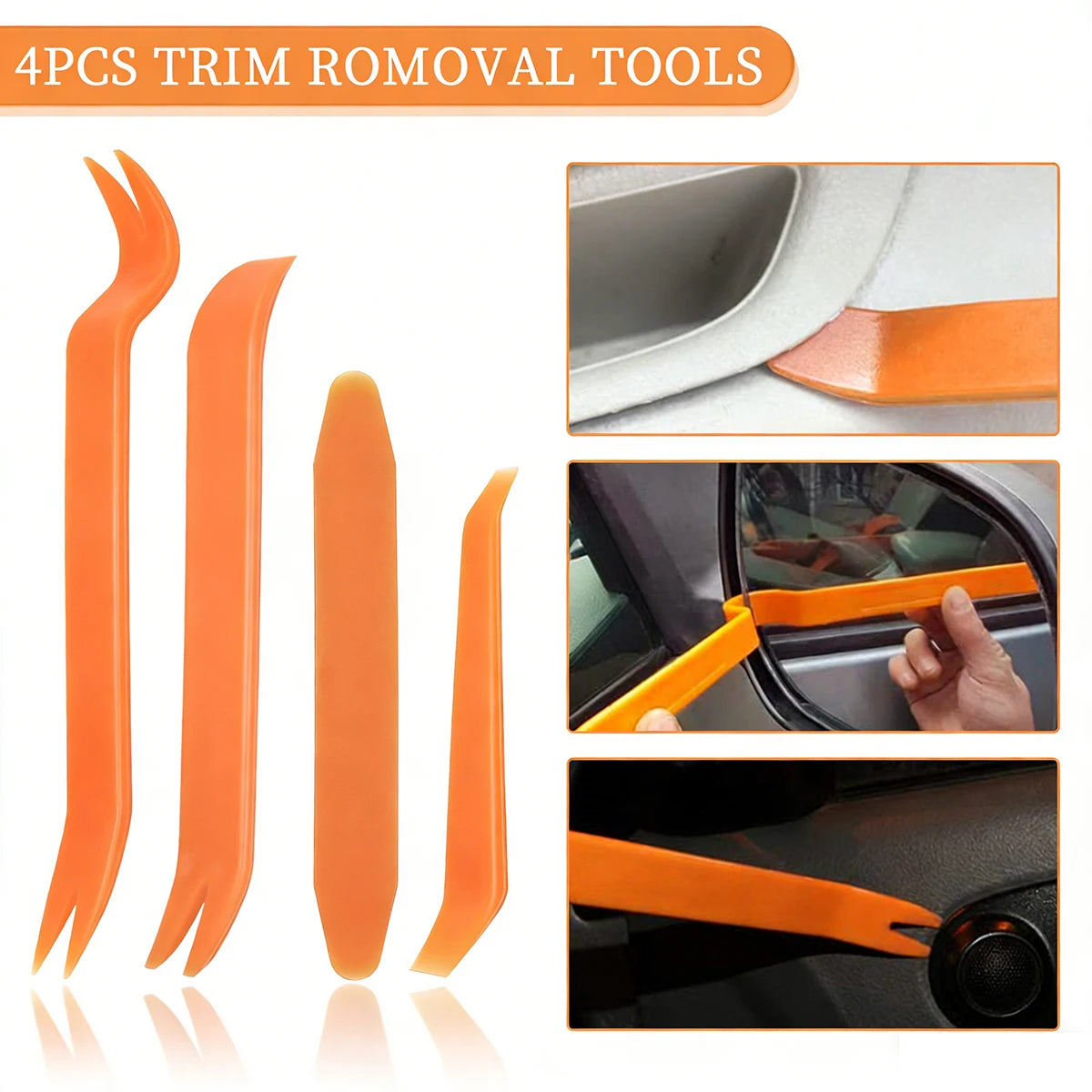 Four pieces of orange trim removal tools used for automotive body trim.