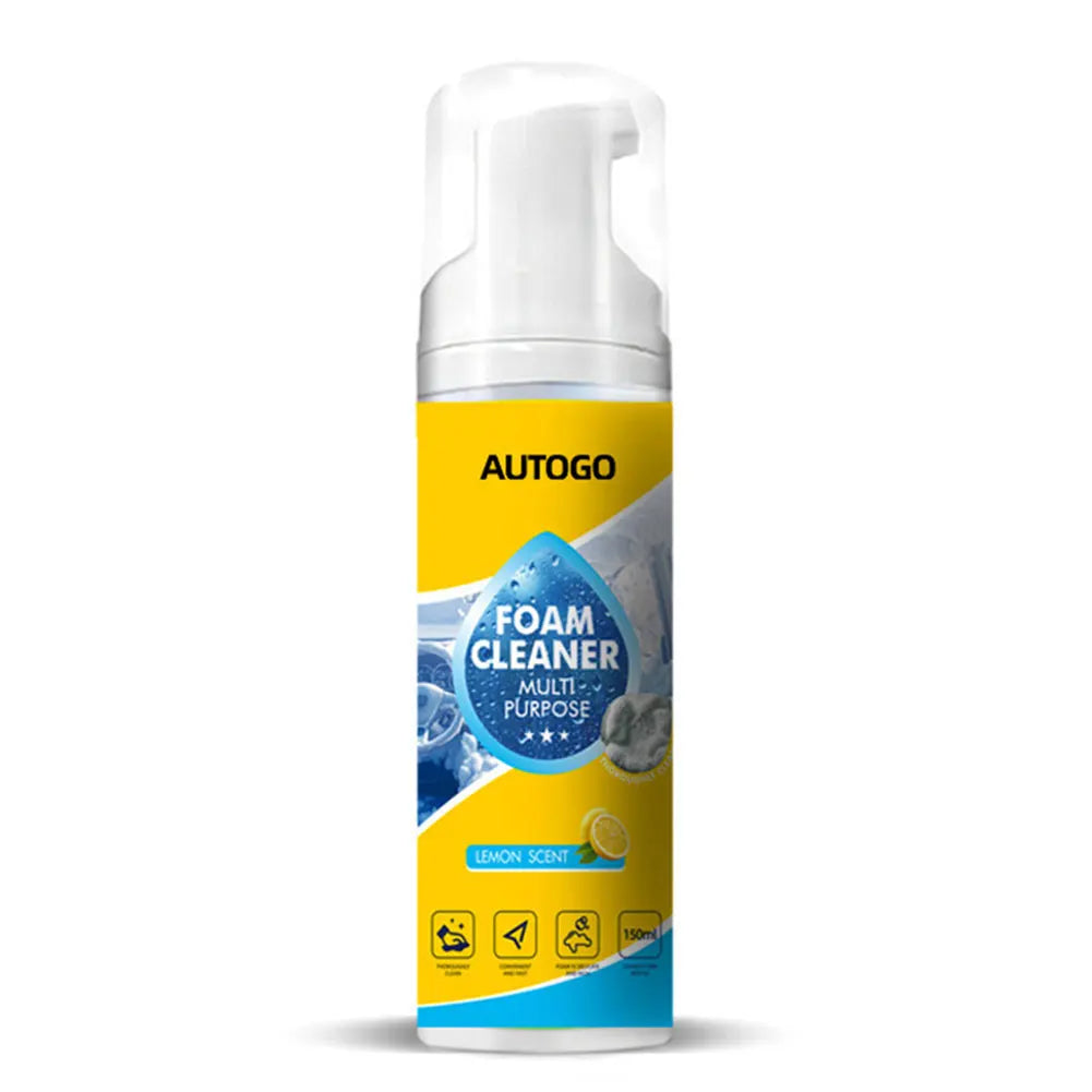 A clear bottle of Autogo multipurpose foam cleaner with a yellow label and lemon scent.